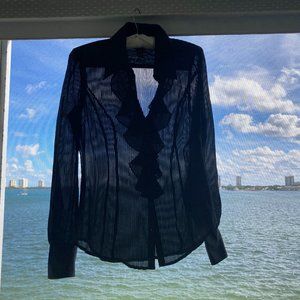 Vintage 90s Lucky Brand Silk Semi-Sheer Black Ruffle Long Sleeve Blouse